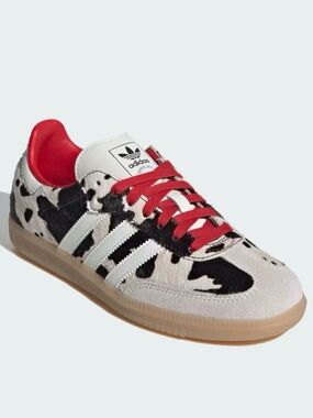 adidas Women’s Samba Sneakers - Black & White Cow Print with Red Accents